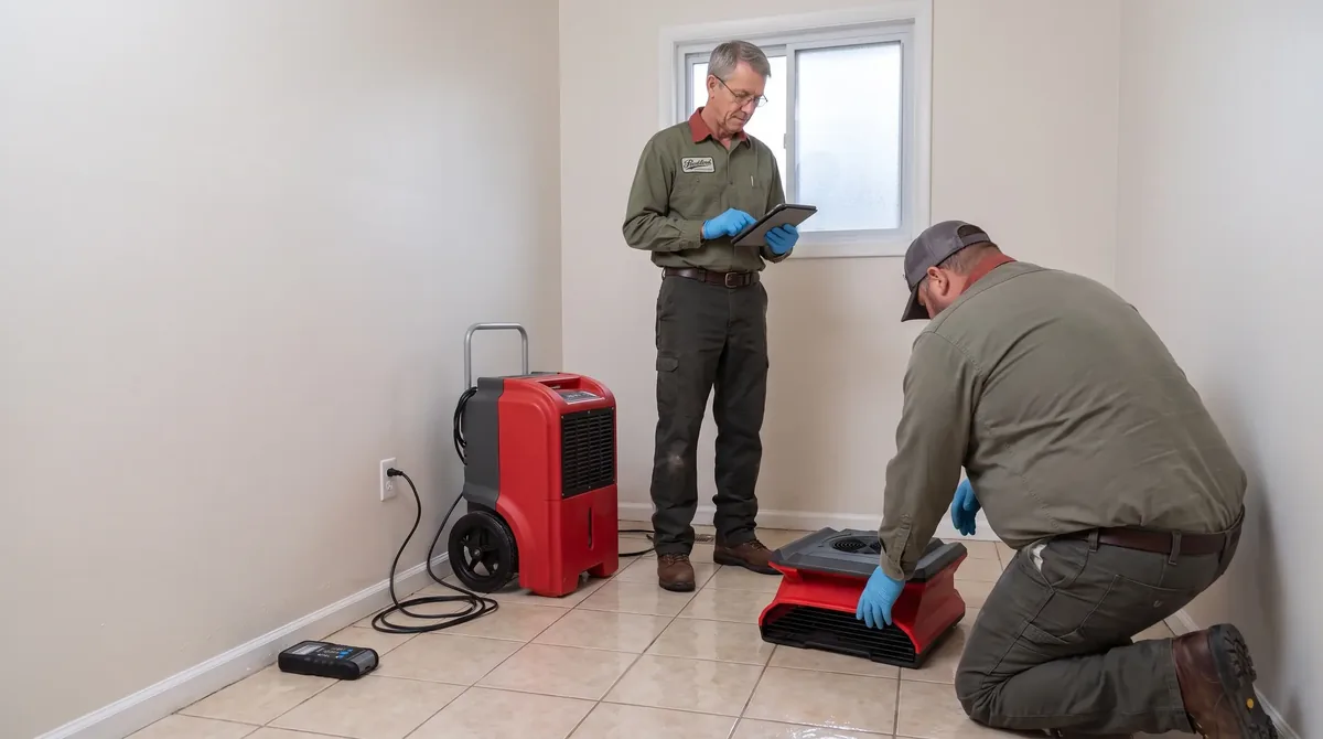 Technician with a tablet while a second technician sets an air mover on a tile floor
